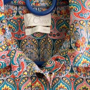 J.Crew paisley button up shirt; blue/orange/slim fit/collar/rolled sleeves.